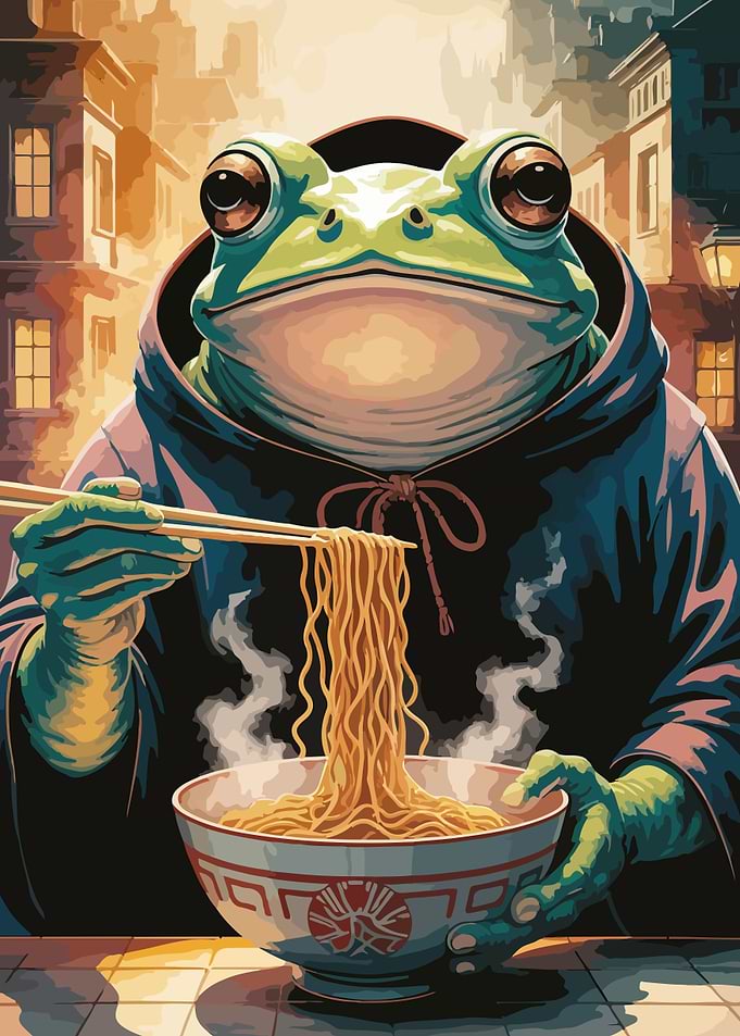 Frog Eating Ramen in Cityscape