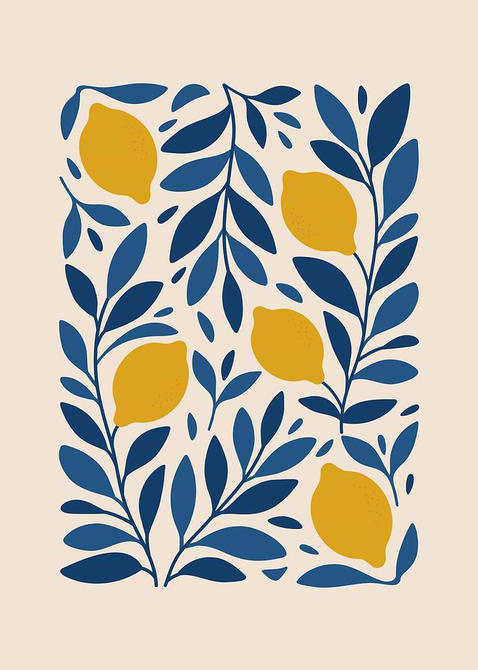 Lemons and Blue Leaves Pattern