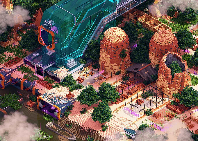 Futuristic meets rustic voxel landscape