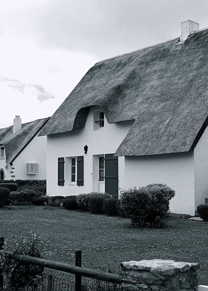 Thatched Roof Cottage in Black and White