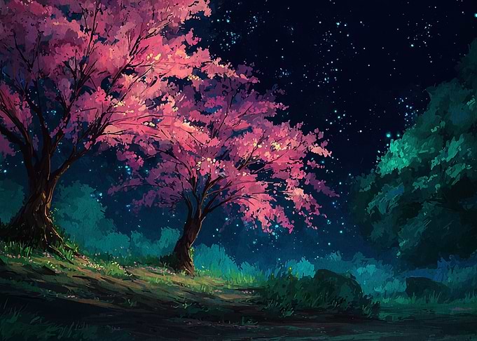 Cherry Blossom Trees at Night