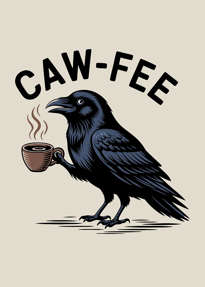 Raven Drinking Coffee Pun