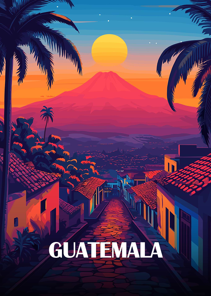 Guatemala Travel Poster with Volcano View