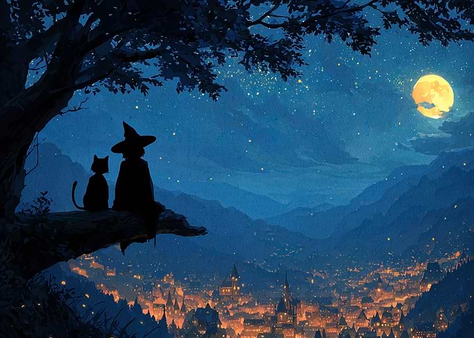 Witch and Cat Under Moonlight
