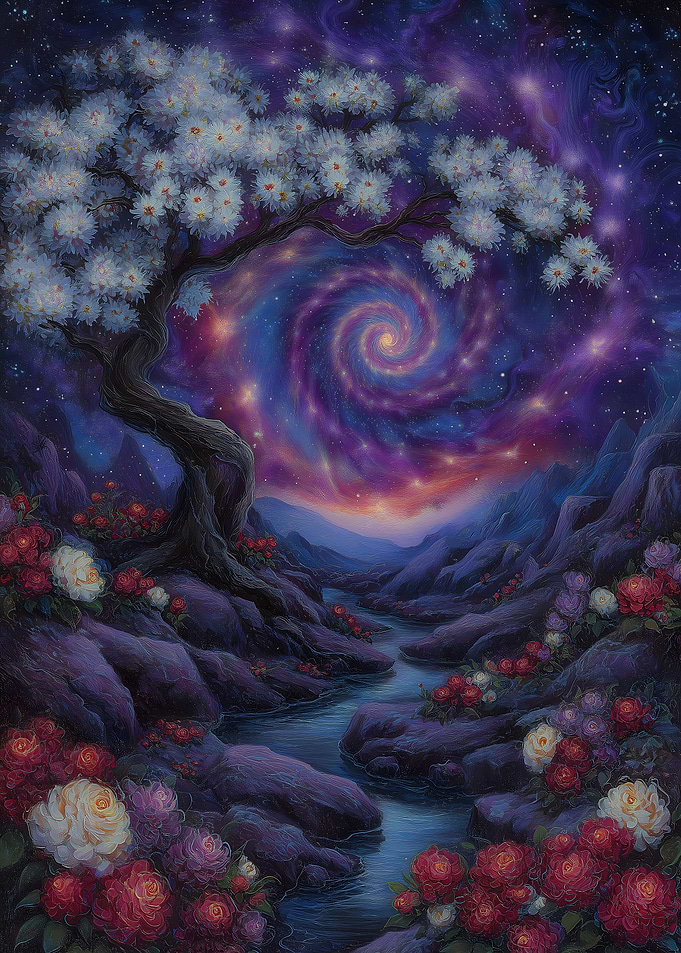 Dreamy Floral Landscape with Cosmic Sky