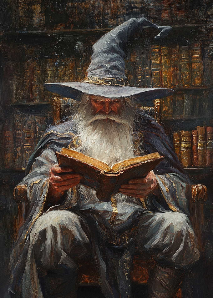 Wizard Reading in Library Painting