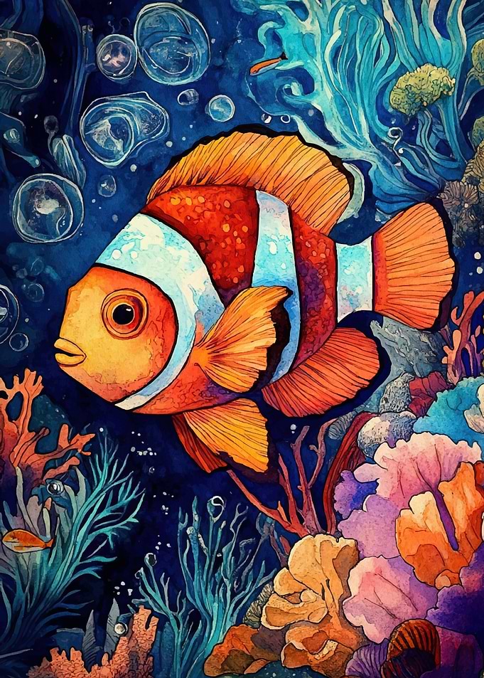 Clownfish Coral Reef Watercolor