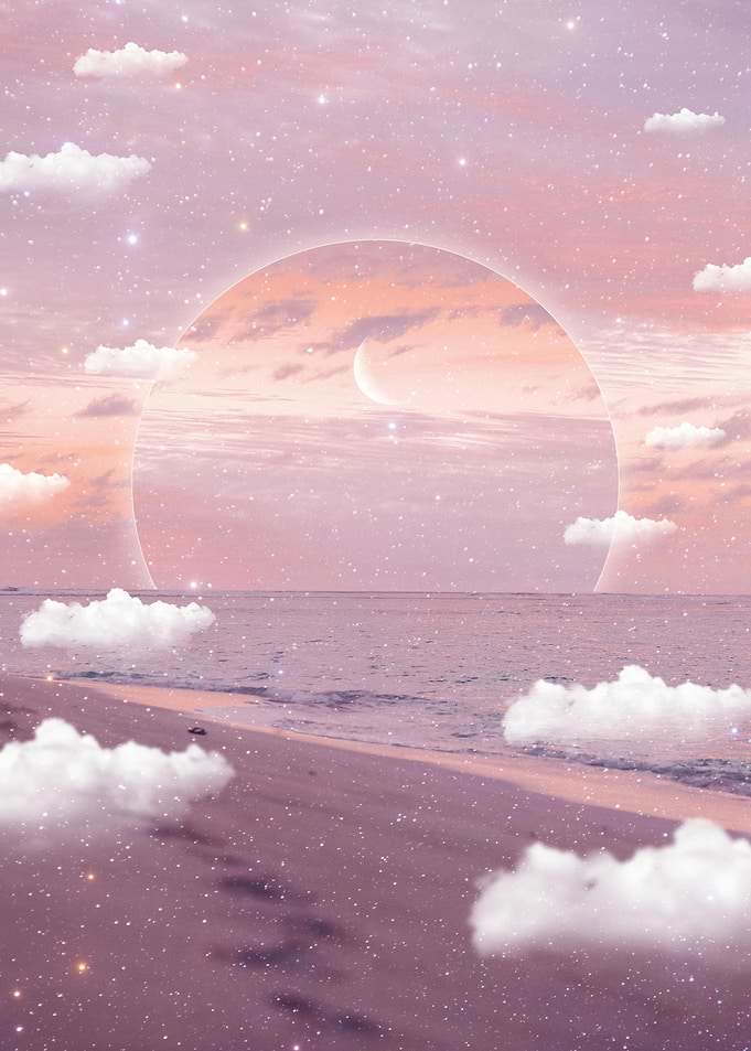 Dreamy Beach with Clouds and Moon