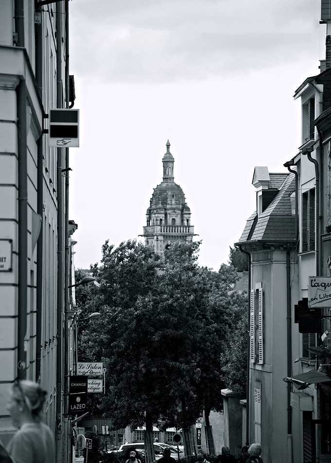 Black and White Cityscape with Tower