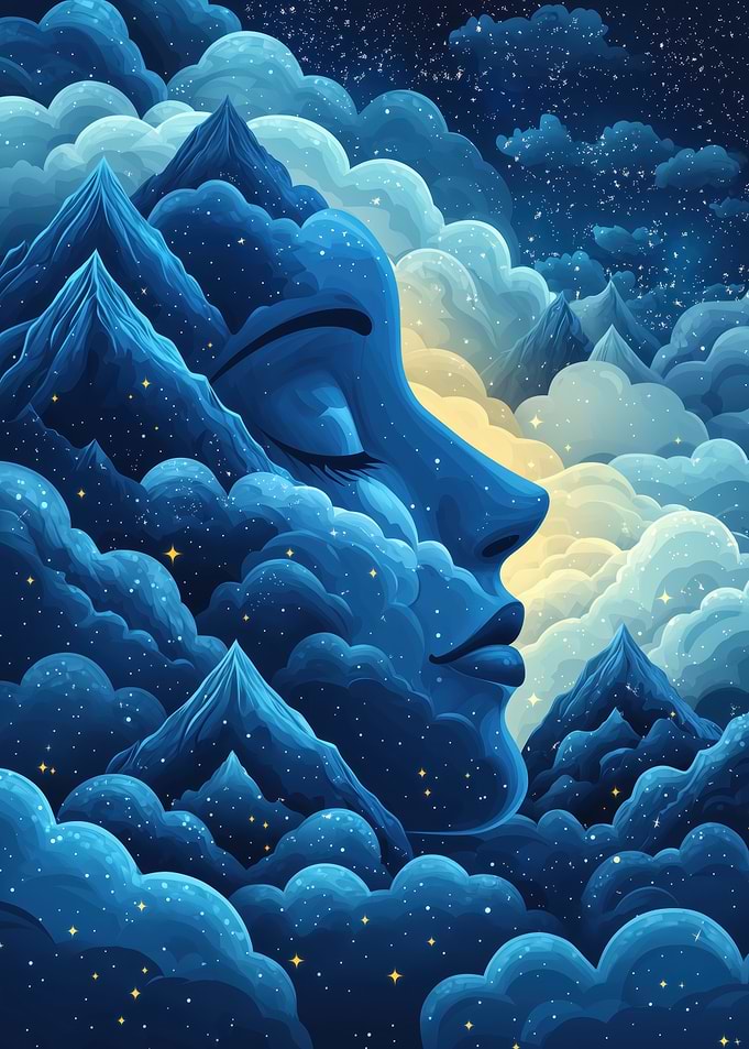 Dreamy Celestial Face in Mountain Clouds
