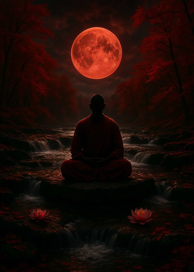 Monk Meditation Under Red Moon