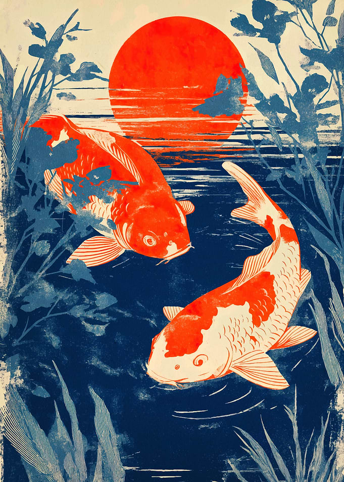 Koi Fish Pond Sunset Art