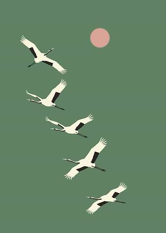 Minimalist Flying Cranes with Pink Moon