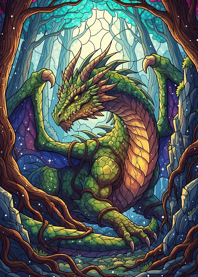Green Dragon in Forest Illustration