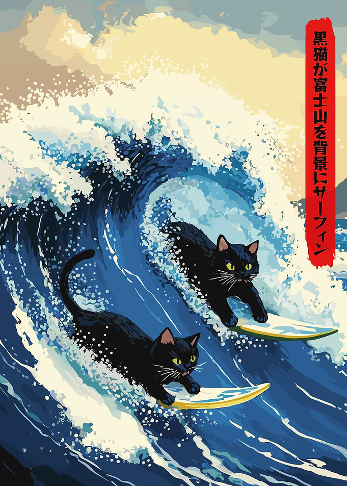 Surfing Cats Ukiyo-e Style