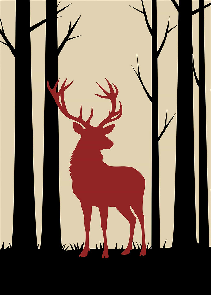 Minimalist Red Deer in Forest Silhouette