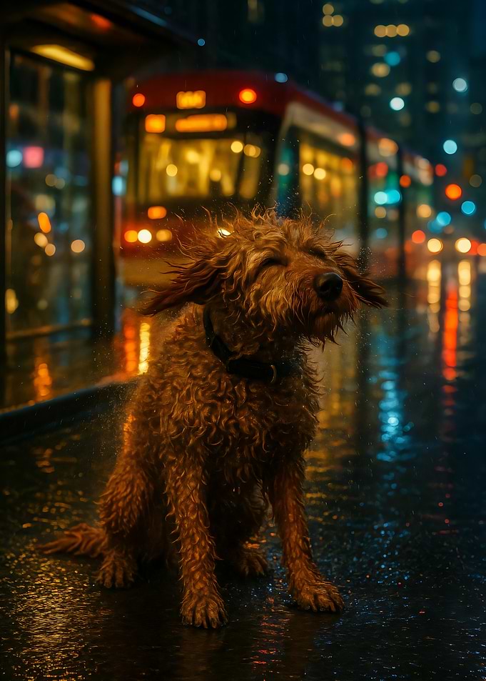 Wet Dog Shaking in Rainy City