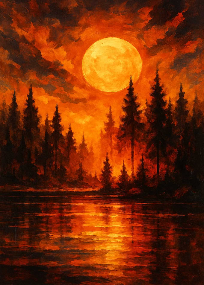 Orange Moon Over Forest Lake Painting