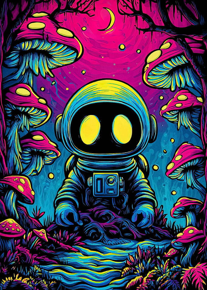 Astronaut in Psychedelic Mushroom Forest