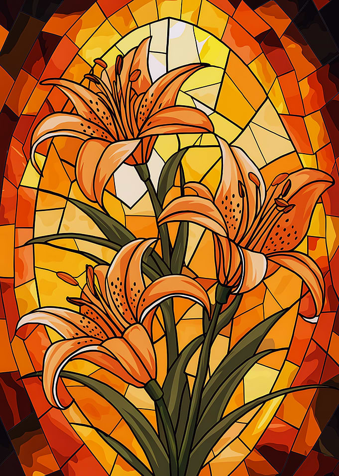Stained Glass Orange Tiger Lily Flowers Illustration