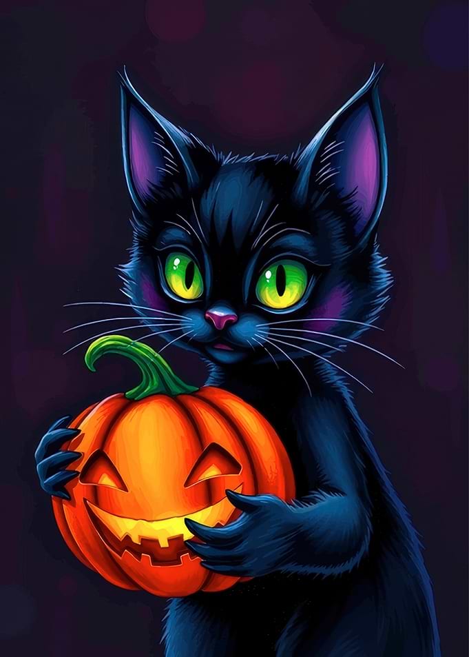 Black Cat with Halloween Pumpkin