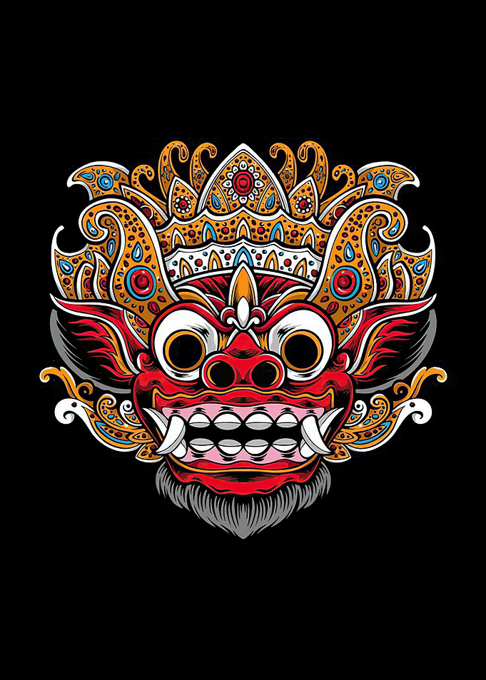 Balinese Mask Illustration on Black Background