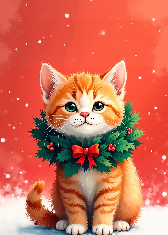 Christmas Kitten with Wreath