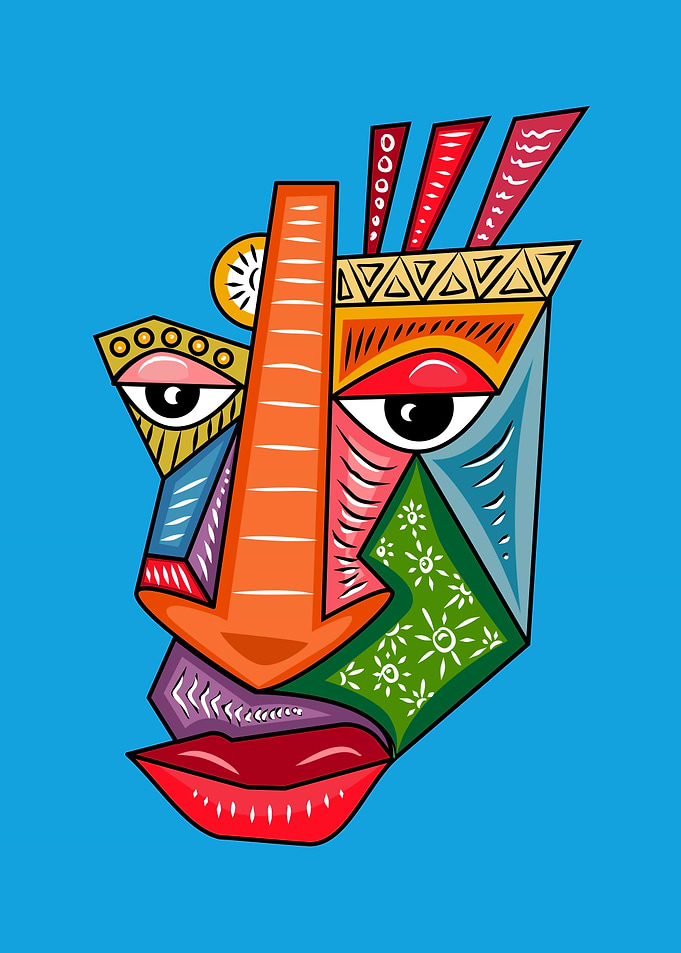 Abstract Geometric Face on Blue Background