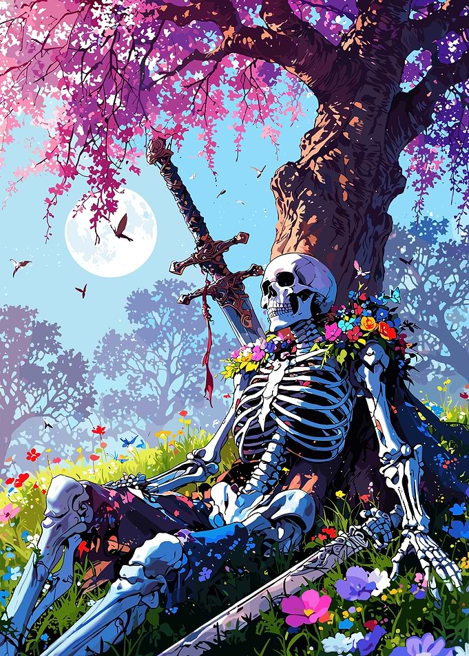 Resting Skeleton with Sword and Flowers