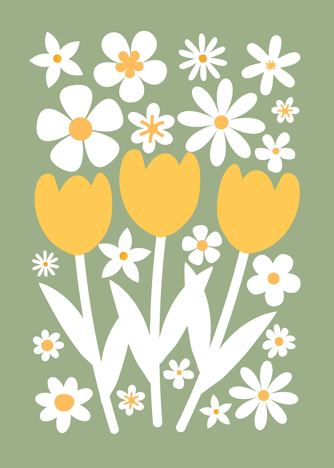 Floral Illustration with Tulips and Daisies