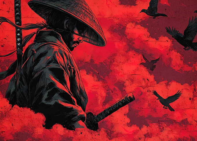 Samurai with Crows in Red Sky