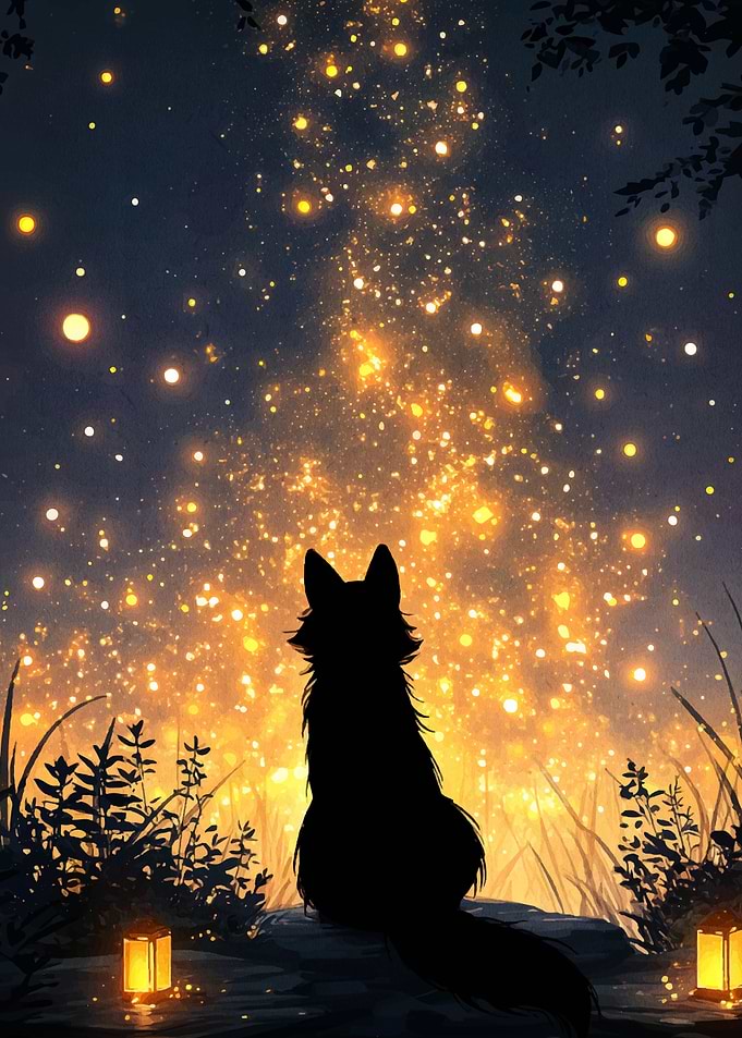 Silhouette Wolf Gazing at Starry Sky