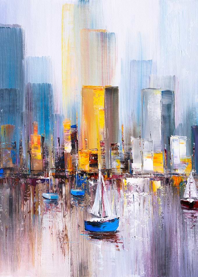 Abstract Cityscape with Sailboats Painting