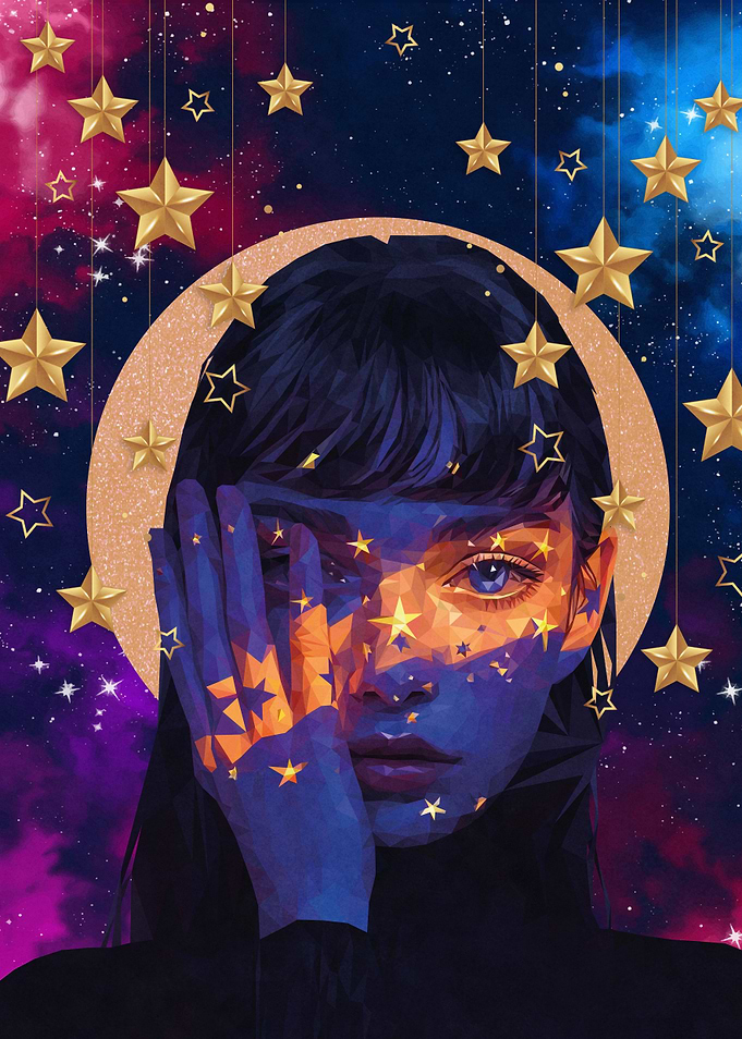 Celestial Portrait with Stars and Moon