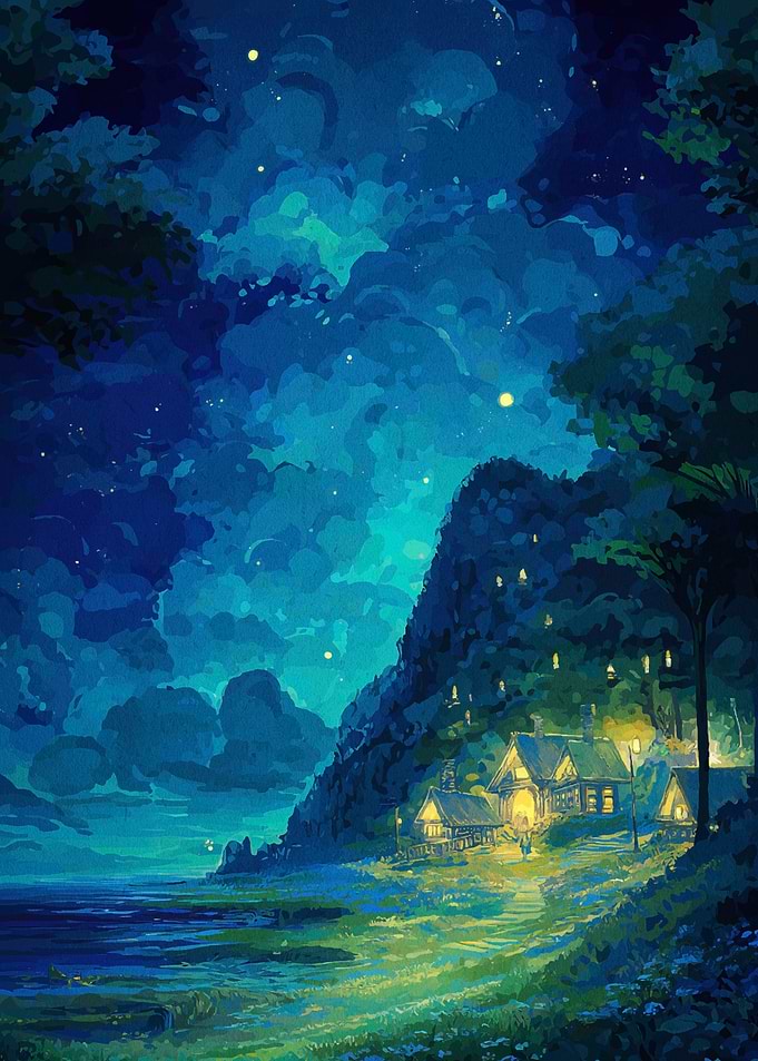 Nighttime Coastal Village Painting