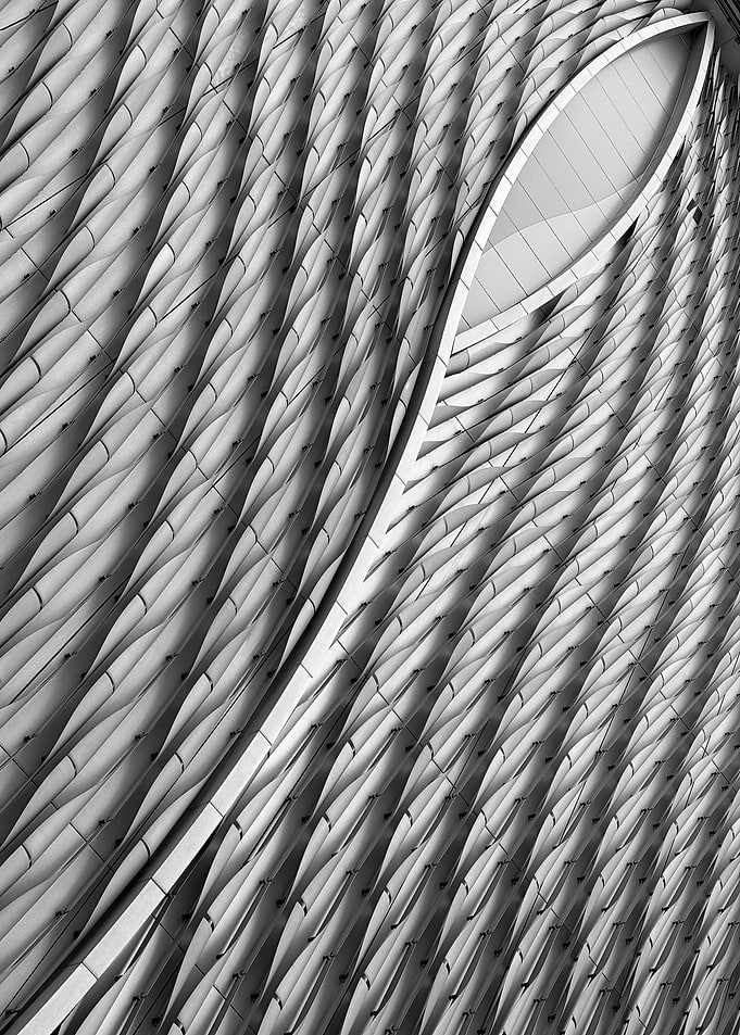 Futuristic Architectural Facade – Black and White Geometry, An Eye Gazing into the Soul
