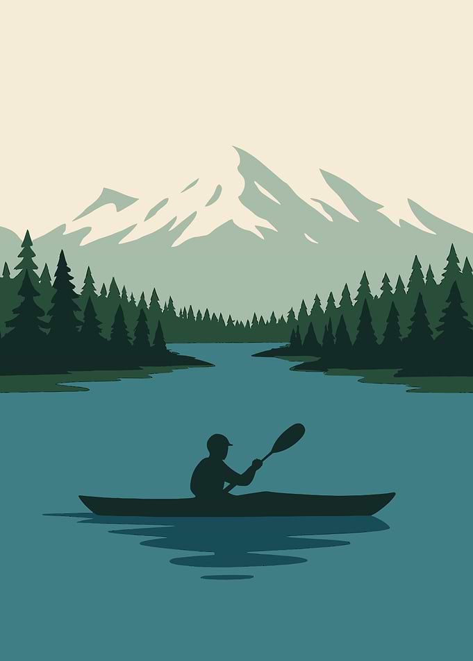 Minimalist Kayaking Lake Scene with Snow Mountains