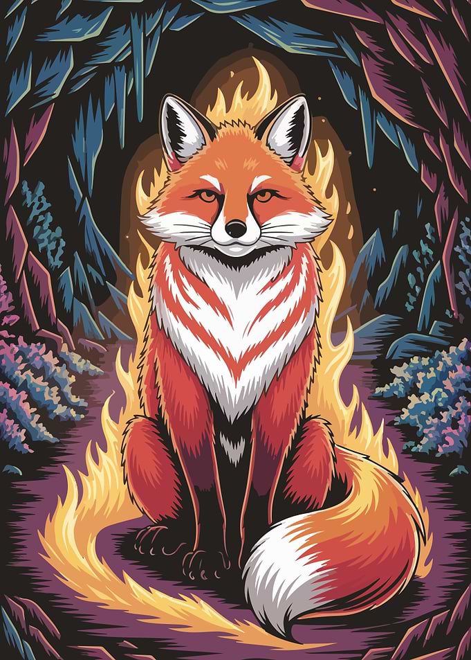 Fox Surrounded by Flames in Forest