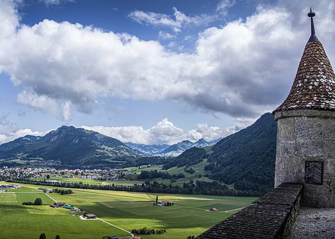 Scenic Swiss Landscape with Castle Tower