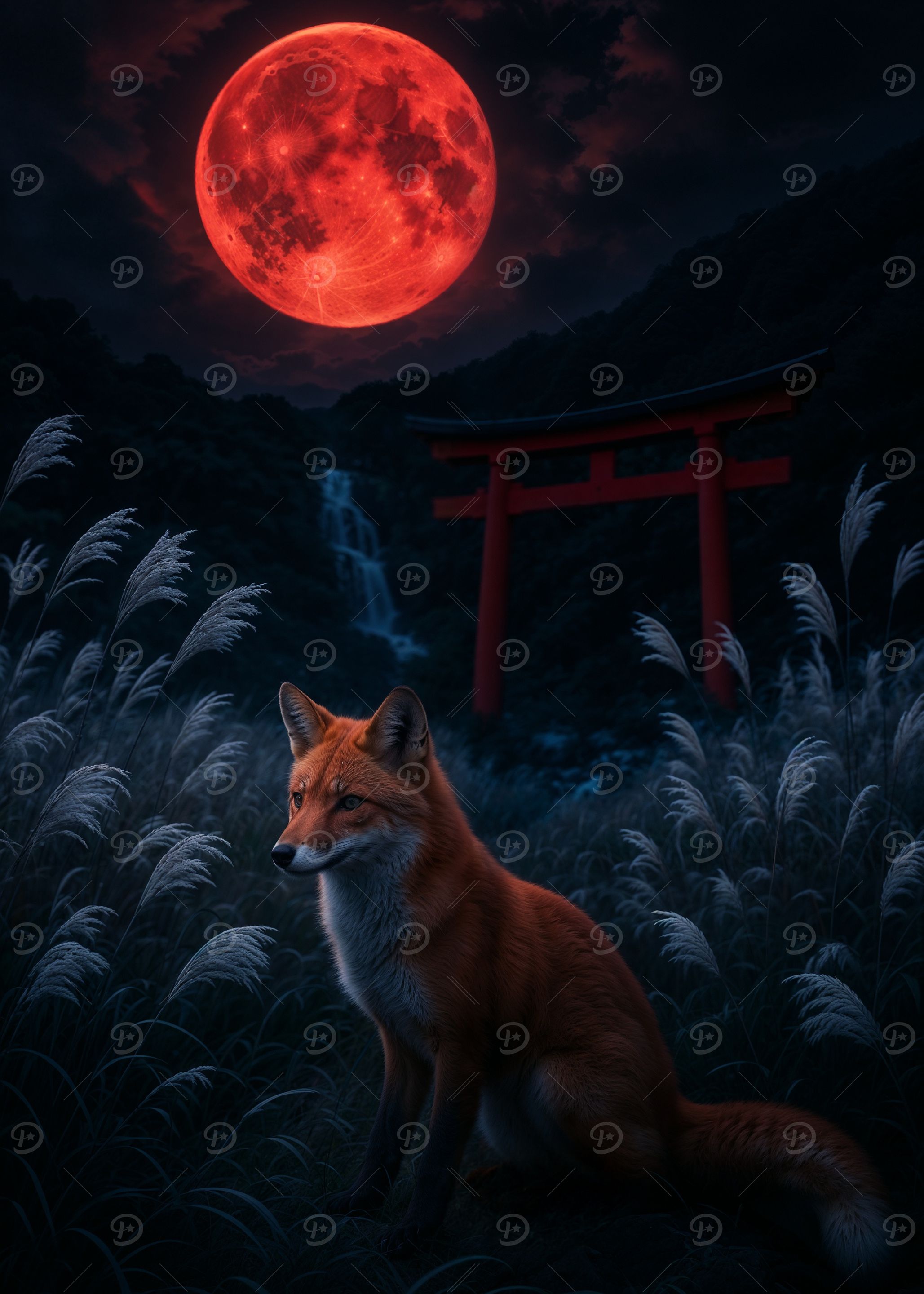 Fox under Blood Moon with Torii Gate