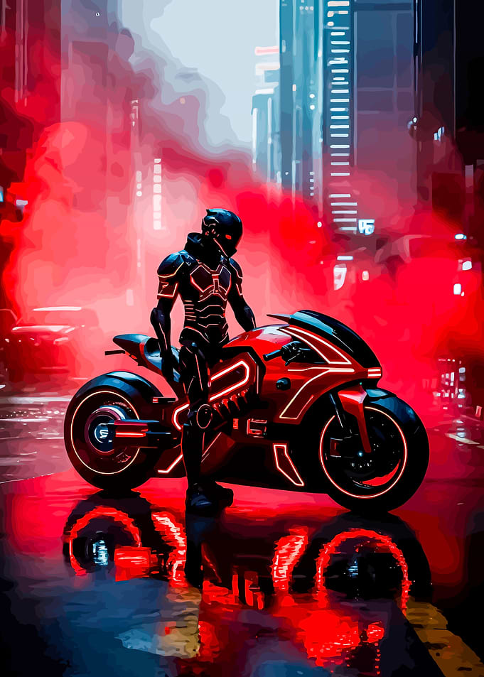 Tron Rider on Neon Motorcycle