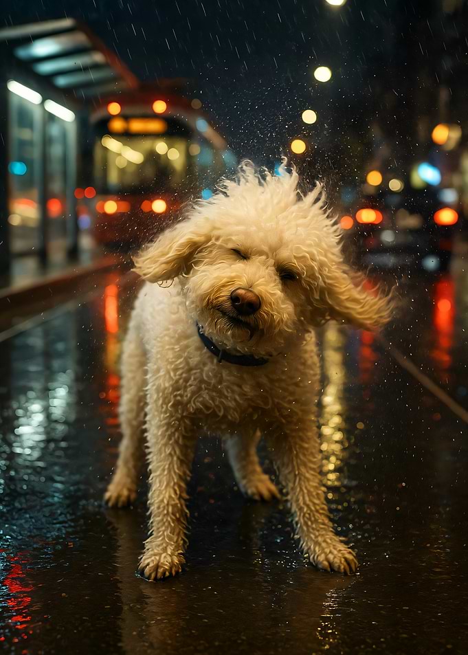 Dog Shaking Off Rain on City Street