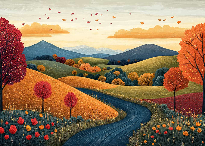 Autumn Landscape with River and Hills