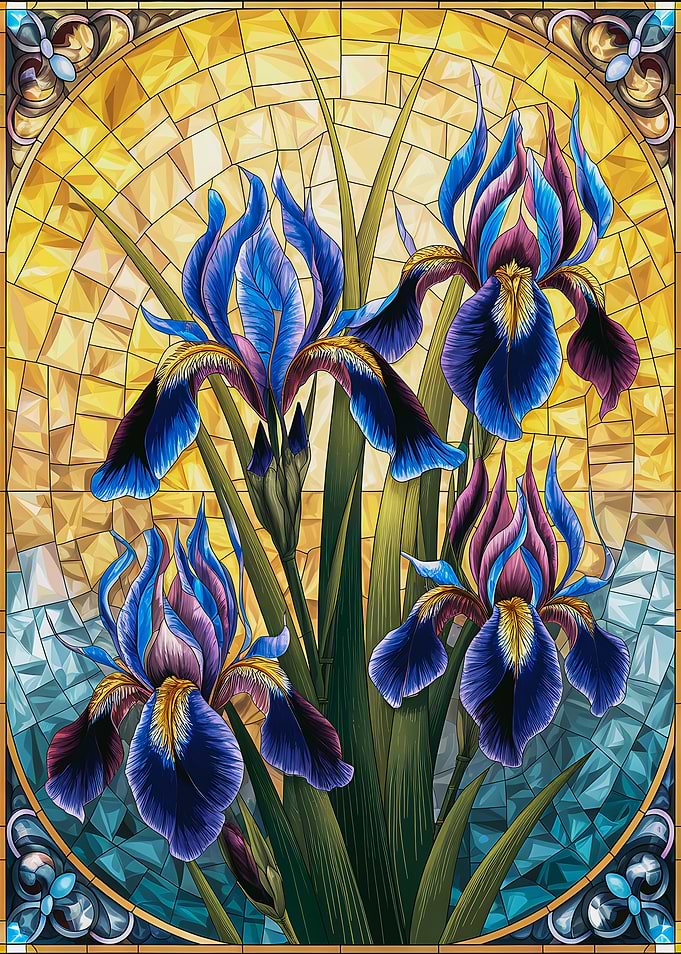 Stained Glass Phoenix Iris Flowers