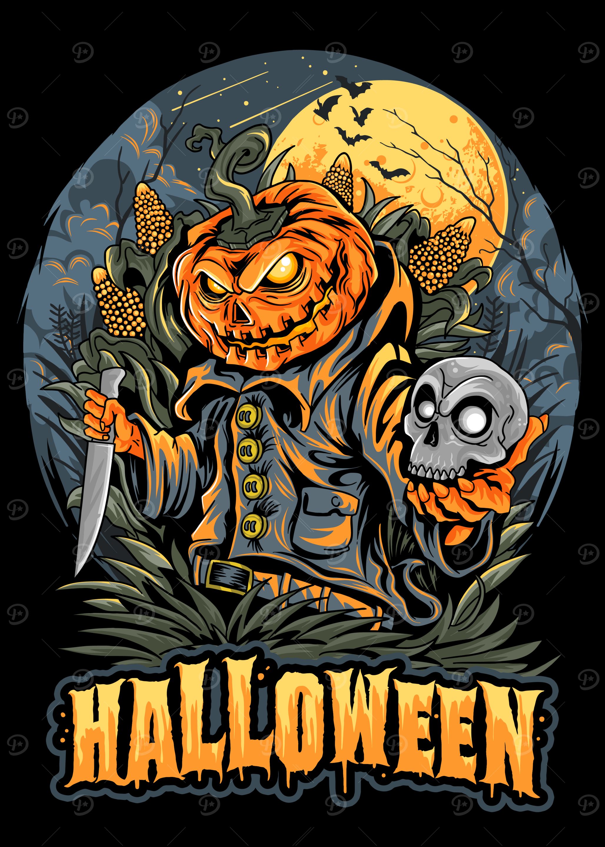 Halloween Pumpkin Character with Skull and Knife