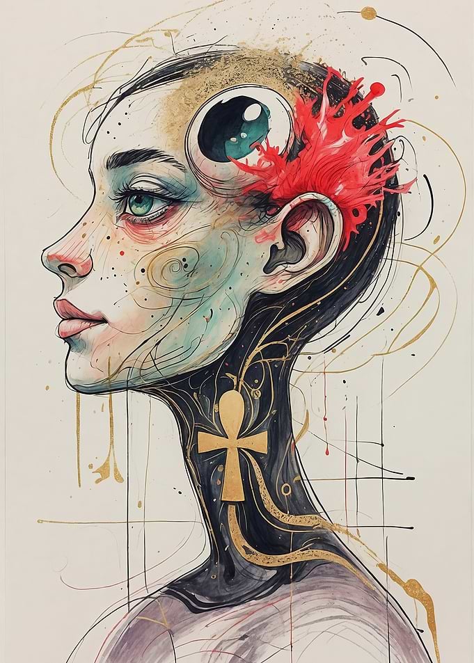 Surreal portrait with ankh and cosmic eye