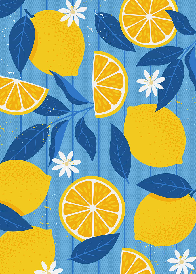 Lemon Pattern with Blue Leaves