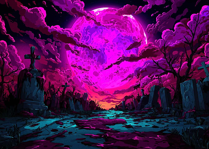 Neon Graveyard Under a Pink Moon