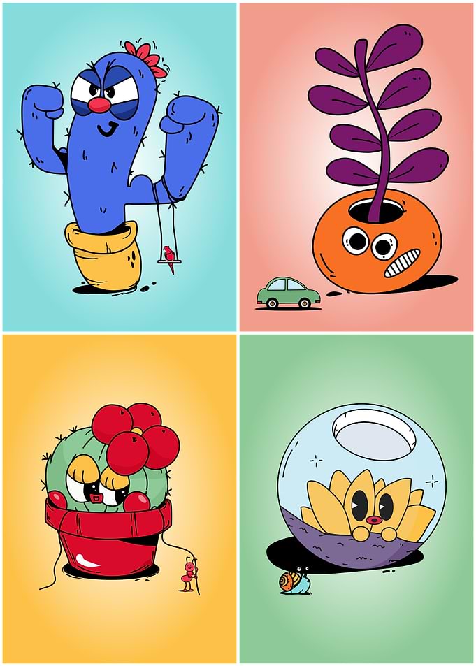 Cartoon Plants with Faces and Expressions