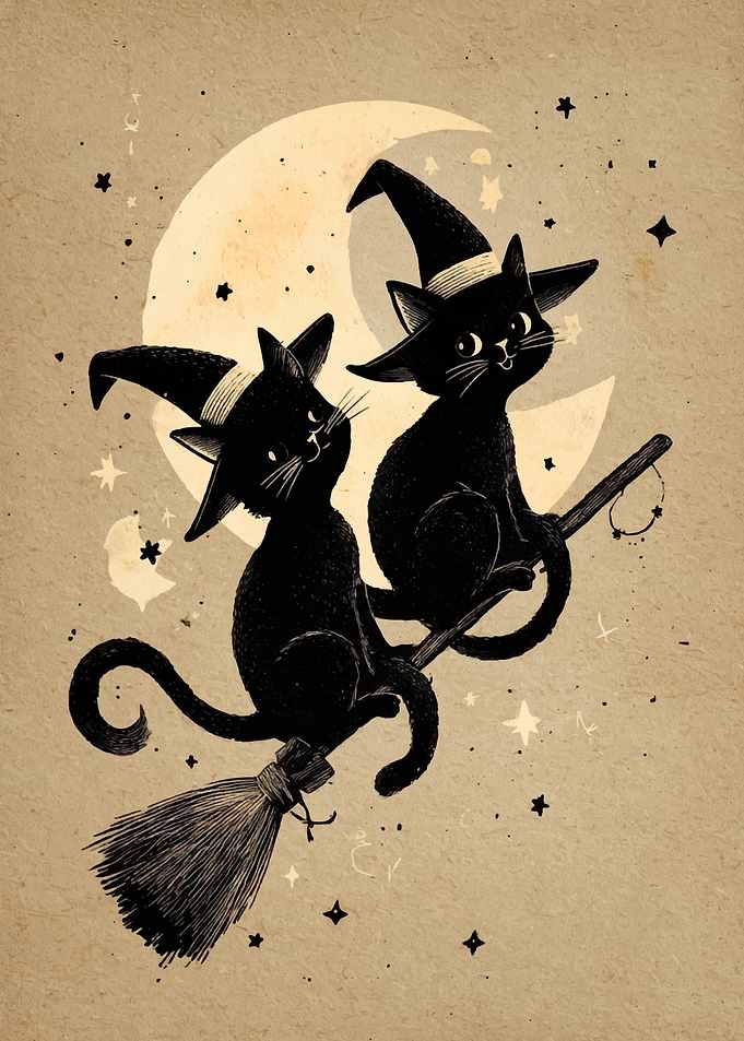 Whimsical Witch Cats on Broomstick